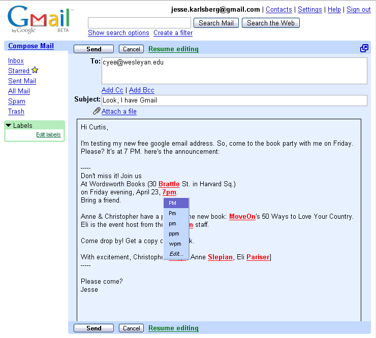 Gmail (beta) New Message Creation, Spell Checker Gmail (beta) New Message Creation, Spell Checker